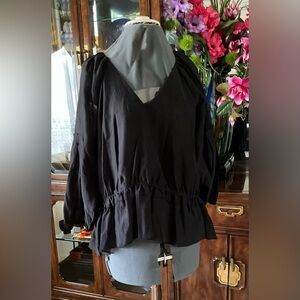 Black V-Neck Peasant Blouse